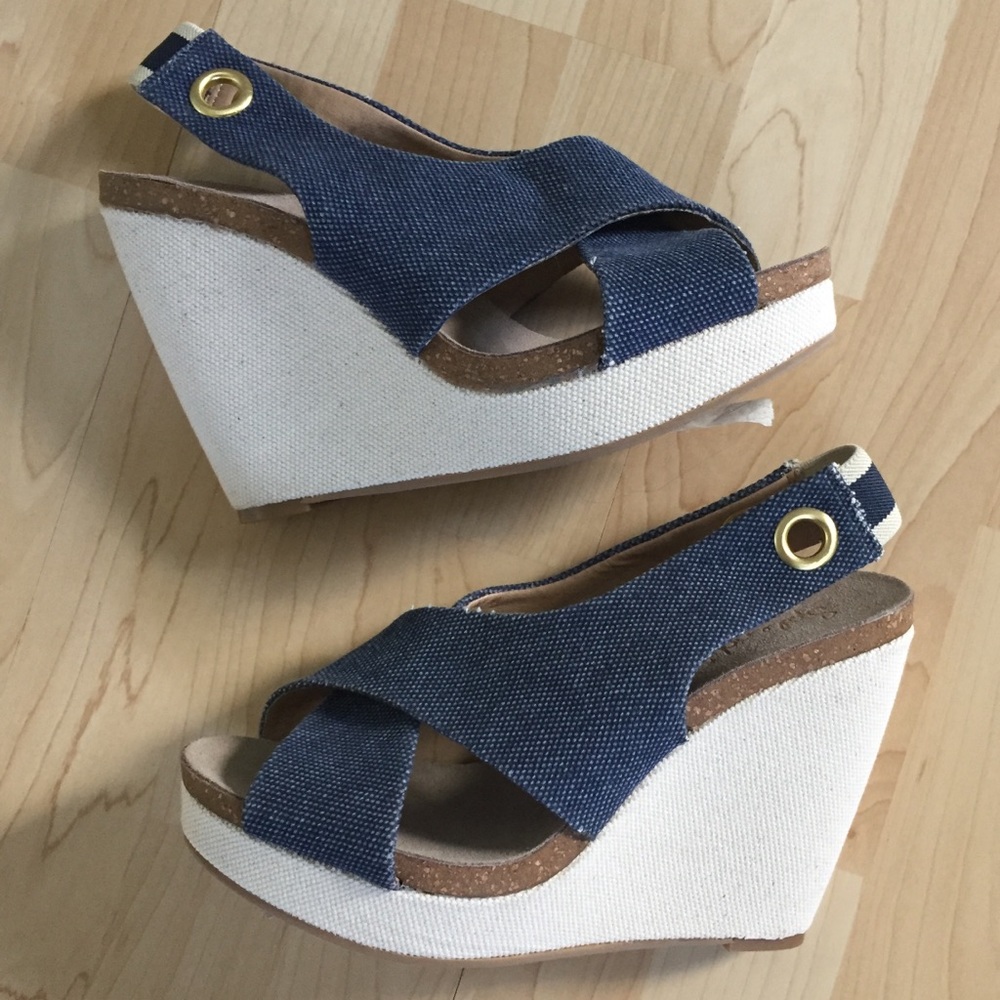Splendid Wedge Sandals Blue Cream Denim 10